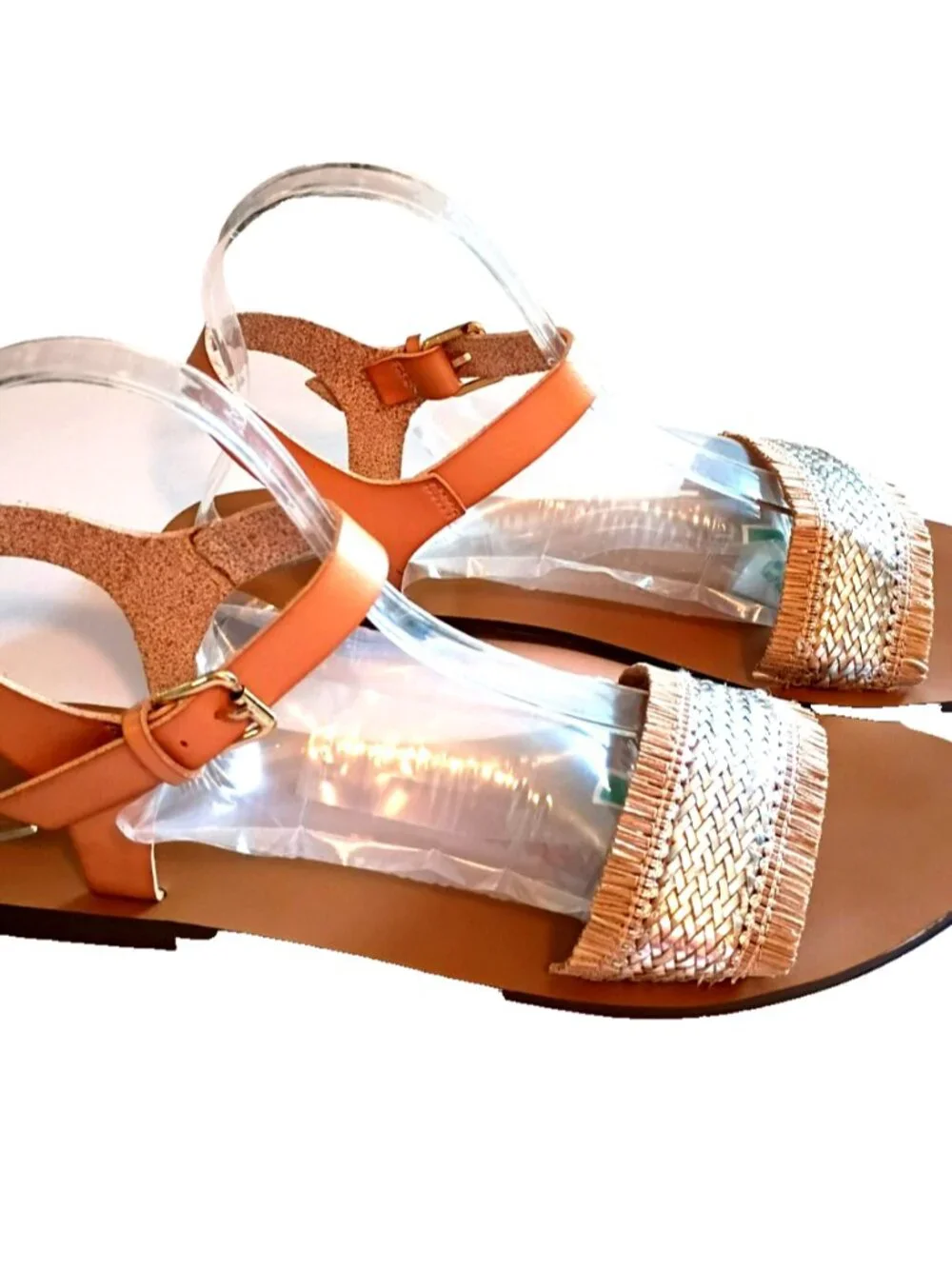 J. Crew Women's Raffia Ankle Strap Sandal Metallic Silver Tan Woven Flats  - 11M